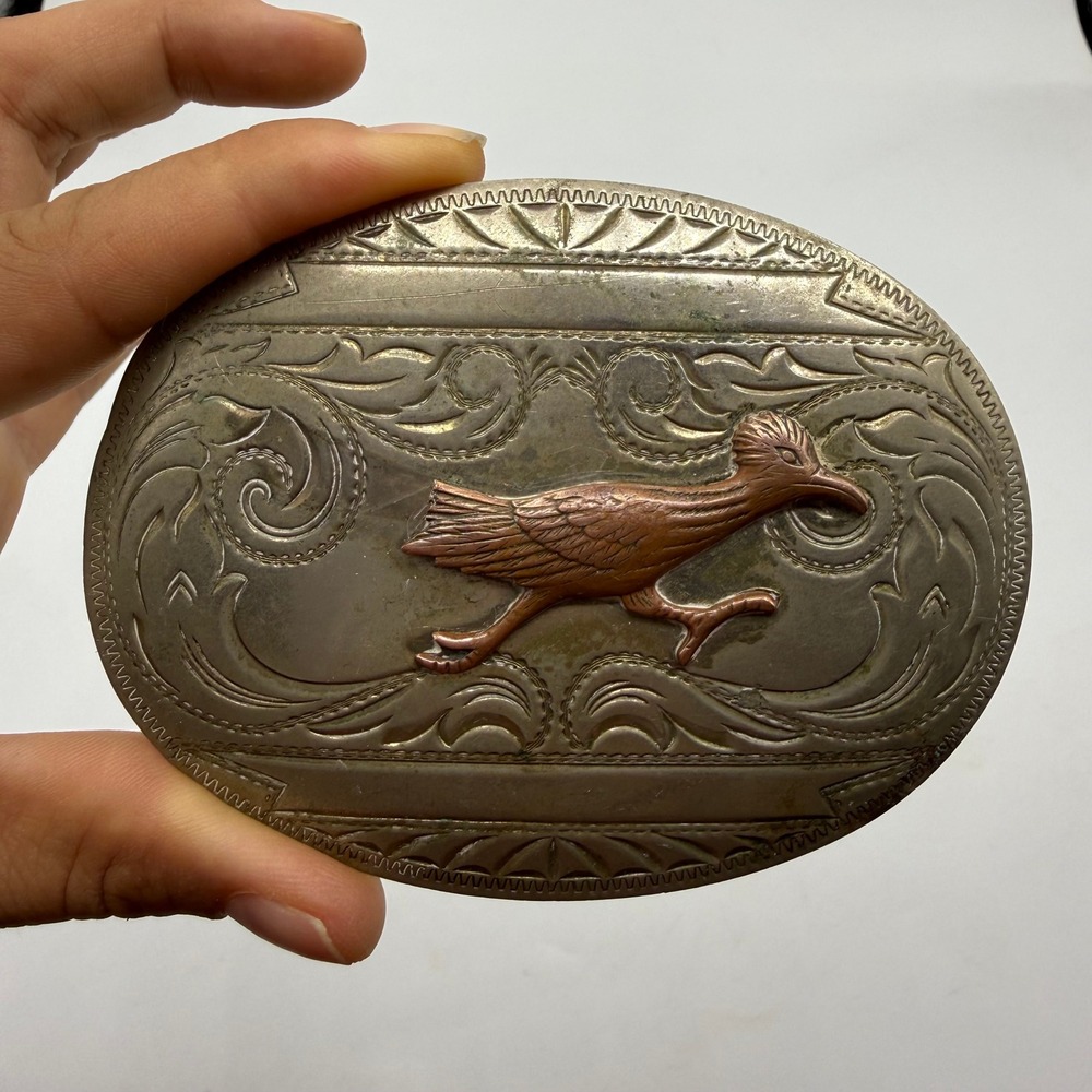 Nickel Silver Bell Belt Buckle Roadrunner Copper Western Engraved Oval Vintage